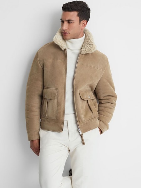 Suede Sheepskin Zip-Through Jacket in Stone (U74345) | £648