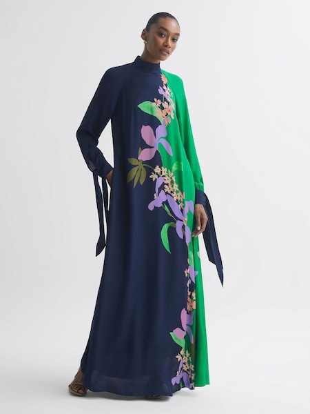 Florere Floral Tie Cuff Maxi Dress in Navy/Green (U74886) | £130