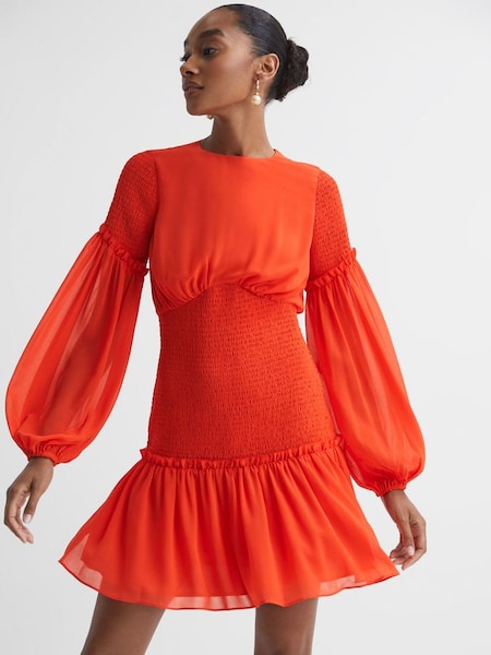 Florere Round Neck Shirred Mini Dress in Bright Orange (U74887) | £80