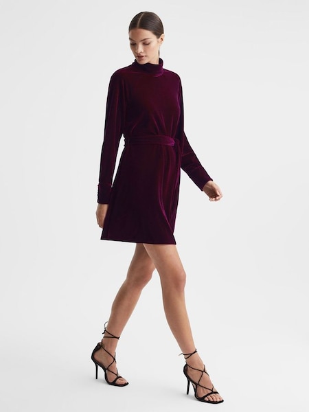 Velvet Belted Mini Dress in Berry (U78331) | £68