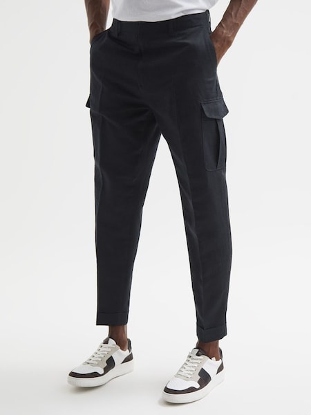 Relaxed Cropped Cargo Trousers in Navy (U87555) | £80