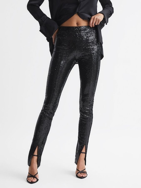 Sequin Split-Hem Trousers in Black (U94045) | £85