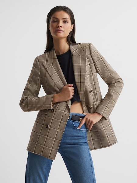 Double Breasted Check Blazer in Brown (U94377) | £170