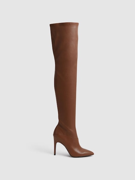 Over The Knee Leather Boots in Tan (U99279) | £110