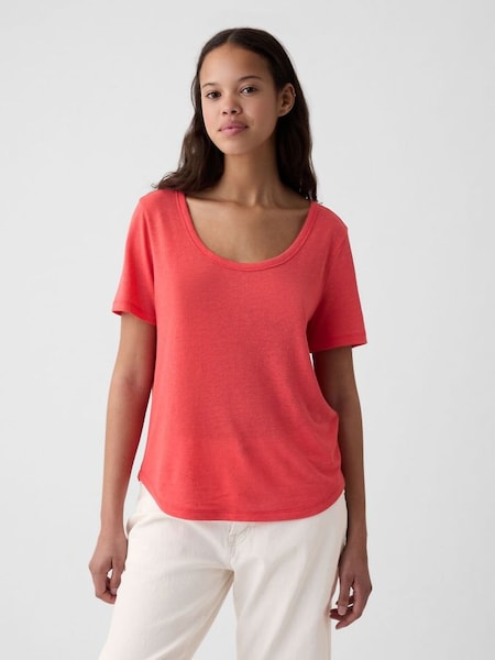 Red Linen Blend Short Sleeve Scoop Neck T-Shirt (V40128) | £20