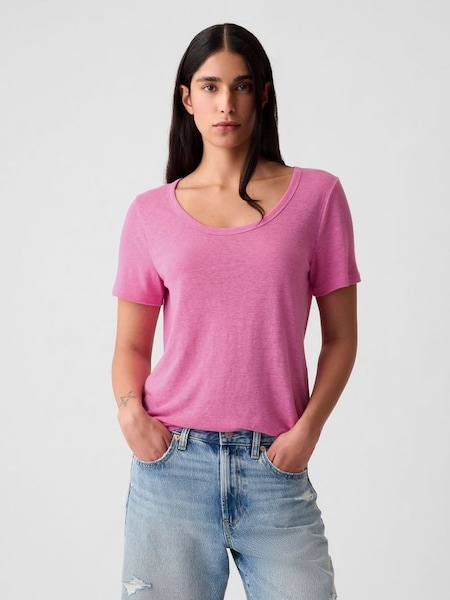 Purple Linen Blend Short Sleeve Scoop Neck T-Shirt (V40959) | £20