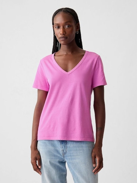 Purple Organic Cotton Vintage Short Sleeve V Neck T-Shirt (V68208) | £18