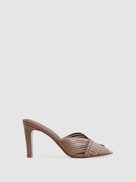 Leather Woven Heeled Mules in Blush (109892) | $265