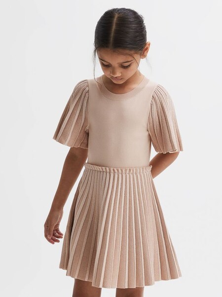Junior Pleated Metallic Short Sleeve Dress in Pink (119630) | $70