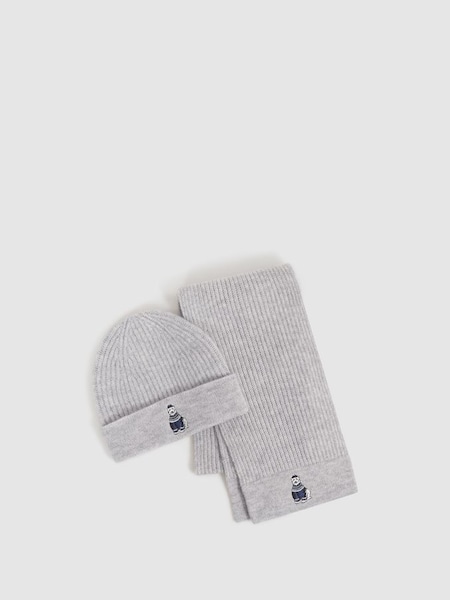 Junior Wool Motif Beanie Hat and Scarf Set in Soft Grey Melange (122795) | $60