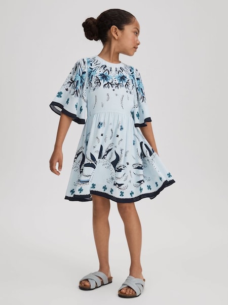 Junior Printed Flared Sleeve Dress in Blue (125927) | $175