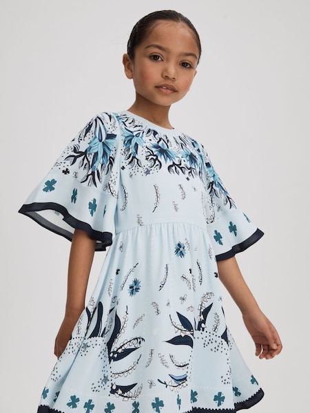 Senior Printed Flared Sleeve Dress in Blue (125936) | $185