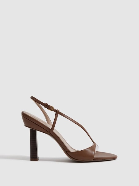 Leather Clear Strap Block Heels in Tan (140576) | $290