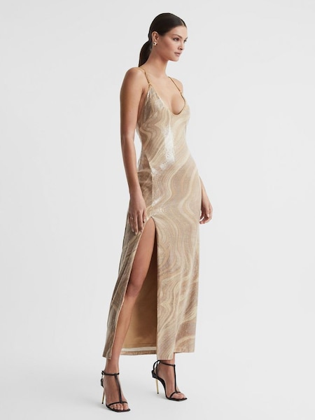 Significant Other - Beige lange jurk met V-hals en lovertjes (140700) | € 345