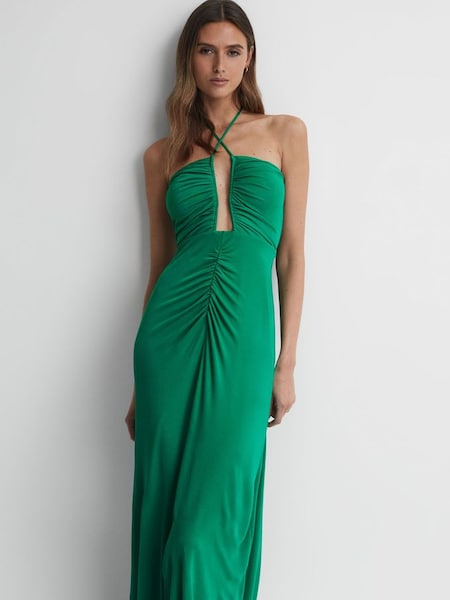 Plunge Halter Neck Maxi Dress in Green (158449) | $155