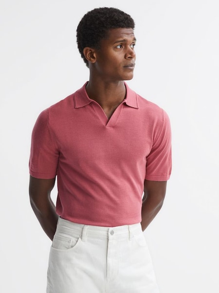 Merino Wool Open Collar Polo Shirt in Coral (158469) | $145