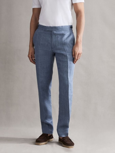 Slim Fit Linen Herringbone Trousers in Chambray (160217) | €115