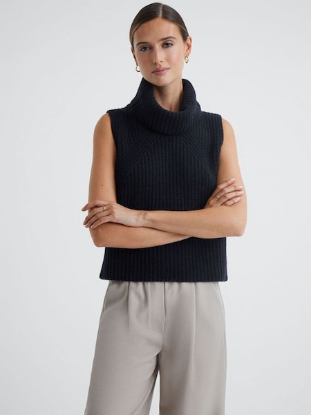 Wool-Cashmere Sleeveless Removable Roll Neck Vest in Navy (165104) | $133