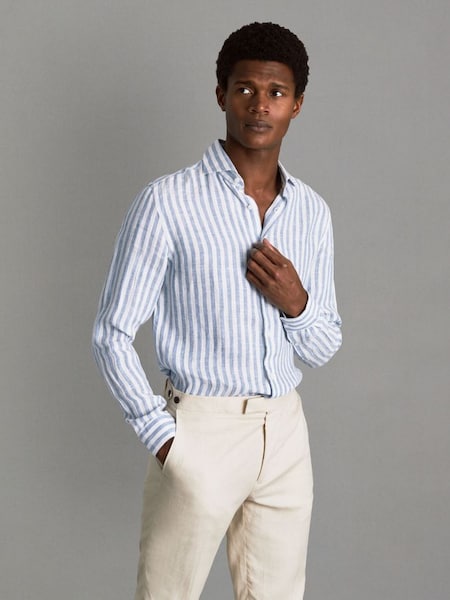 Linen Button-Through Shirt in Soft Blue Herringbone Stripe (166054) | $180