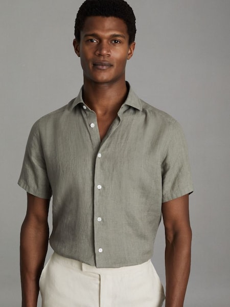 Slim Fit Linen Button-Through Shirt in Pistachio (166287) | $180