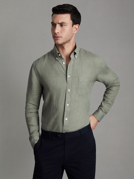 Linen Button-Down Collar Shirt in Pistachio (166329) | $195