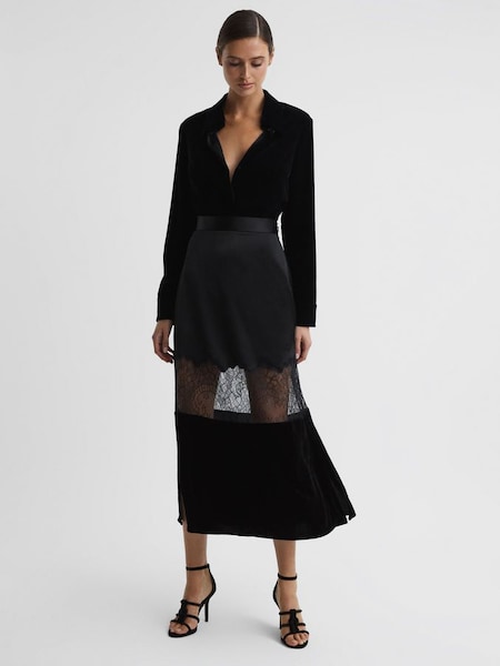Fitted Satin-Velvet Midi Skirt in Black (167170) | $155