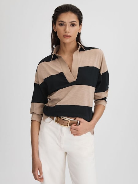 Striped Cotton Open-Collar T-Shirt in Black/Camel (172445) | HK$1,480
