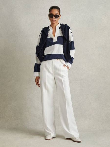 Striped Cotton Open-Collar T-Shirt in Navy/Ivory (172729) | HK$1,480