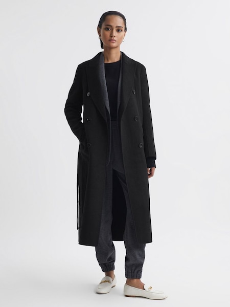 Manteau décontracté à ceinture et couture invisible noir en laine mélangée (184473) | 525 €