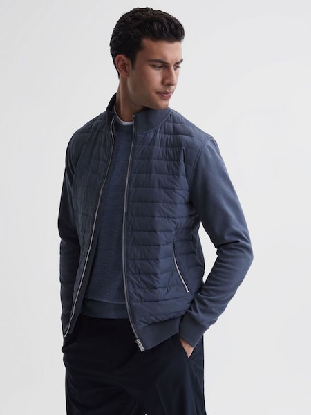 Hybrid Quilt and Knit Zip-Through Jacket in Airforce Blue (188027) | $285