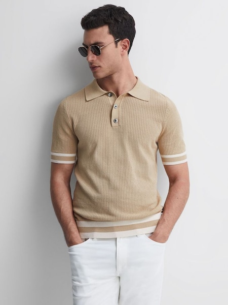 Reiss | Ché Knitted Half-Button Polo Shirt in Mink/Tobacco (188724) | $180