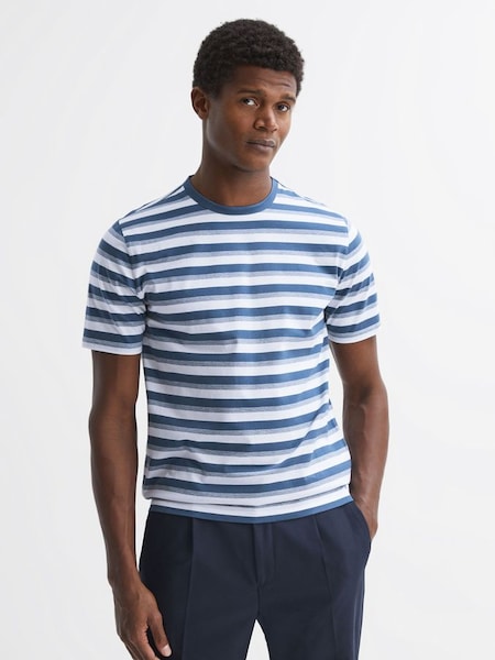 Cotton Crew Neck Striped T-Shirt in Blue/White (192144) | $49