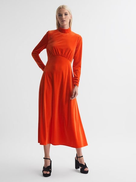 Florere Velvet Midi Dress in Bright Orange (193611) | SAR 397