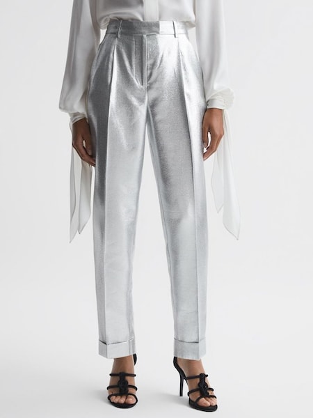 Tapered Metallic Trousers with Turn-Ups in Silver (205802) | HK$1,176