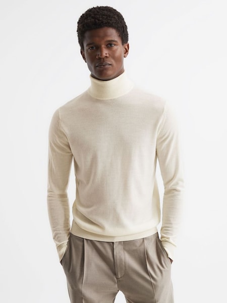 Slim Fit Merino Wool Roll Neck Jumper in Bianco (212763) | $180