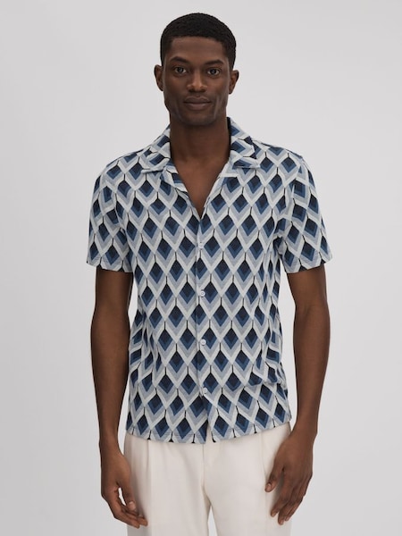 Cotton Blend Jacquard Cuban Collar Shirt in Navy Multi (215158) | $145