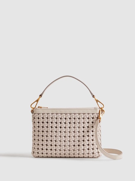 Leather Raffia Pouch Bag in Off White (215730) | $225
