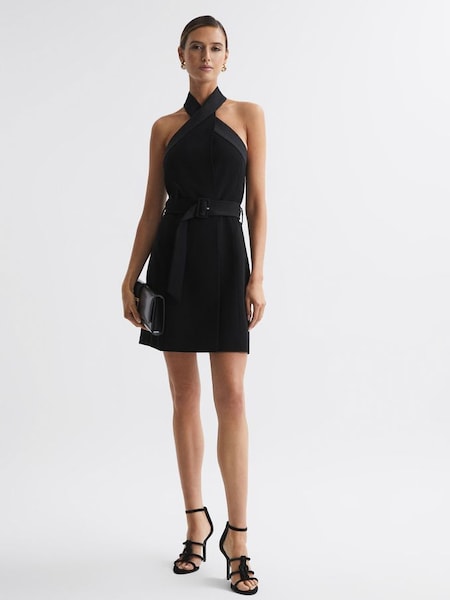 Fitted Halter Neck Mini Dress in Black (225336) | $177