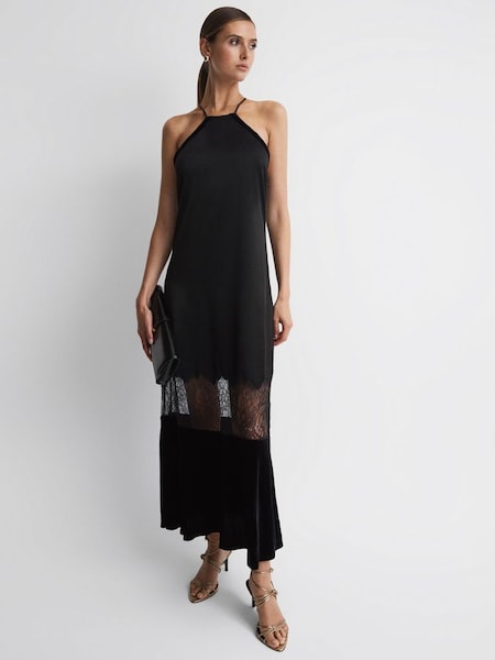 Fitted Satin-Velvet Midi Dress in Black (227668) | $223