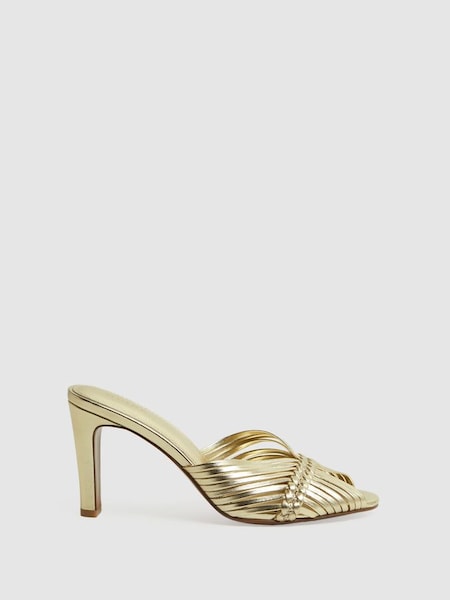 Leather Woven Heeled Mules in Gold (246951) | $265