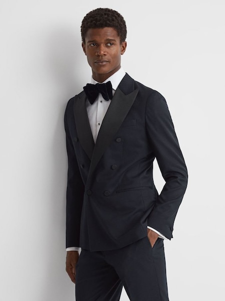 Modern Fit Satin Lapel Double Breasted Jacquard Blazer in Navy (274006) | $540