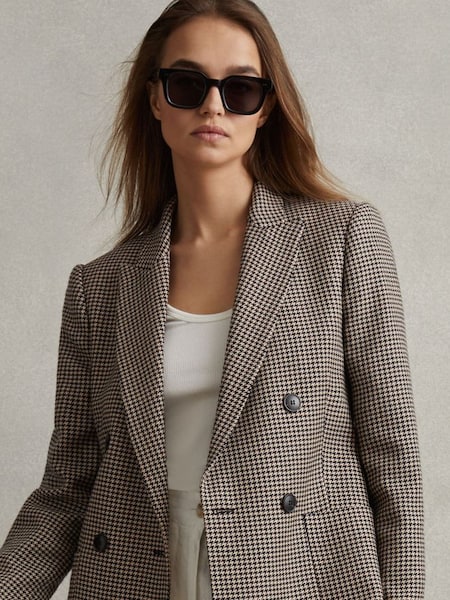 Petite Double Breasted Wool Dogtooth Blazer in Black/Camel (276181) | €425