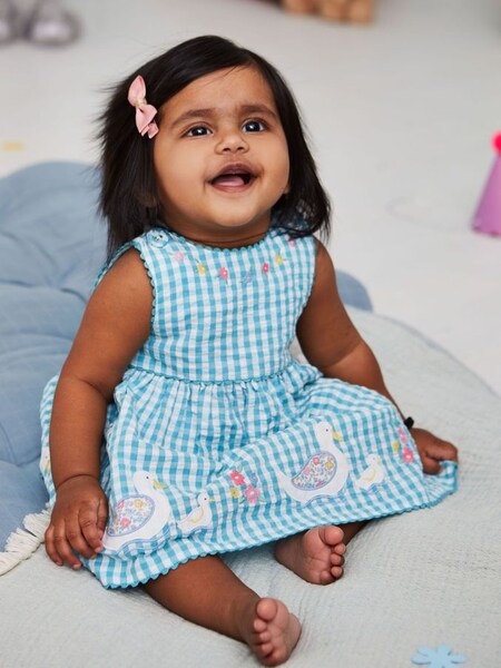 Girls' Duck Appliqué Gingham Dress in Duck Egg (310055) | $40