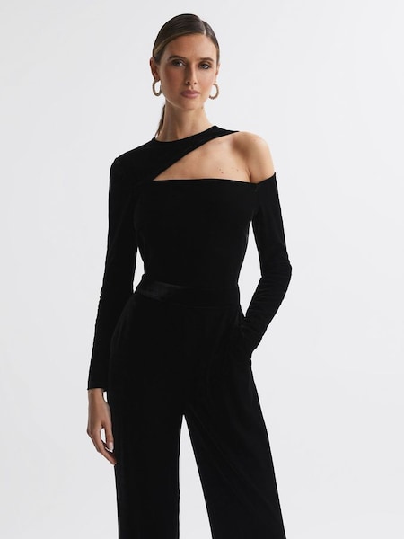 Petite Velvet Off-The-Shoulder Jumpsuit in Black (311375) | $188