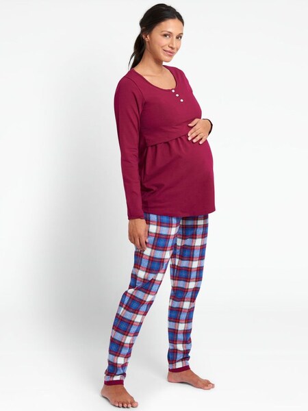 Tartan Maternity & Nursing Pyjama Set in Wine (319563) | $57