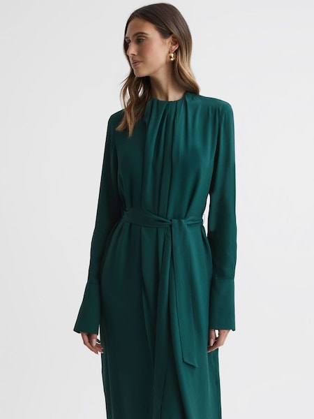 Pleated Long Sleeve Midi Dress in Green (321970) | $165