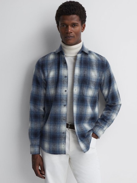 羊毛方格图案蓝色混色长袖衬衫 (329033) | HK$874