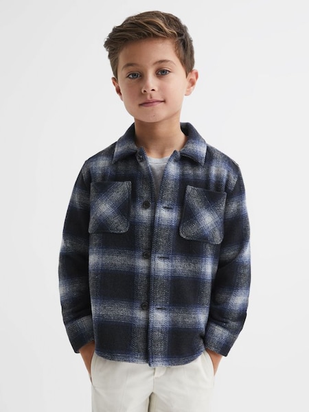 Wool Blend Check Overshirt in Blue Multi (330149) | $90