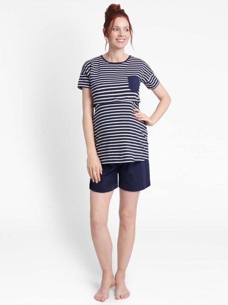Stripe Maternity & Nursing Short Pyjama Set in Navy (340185) | $47