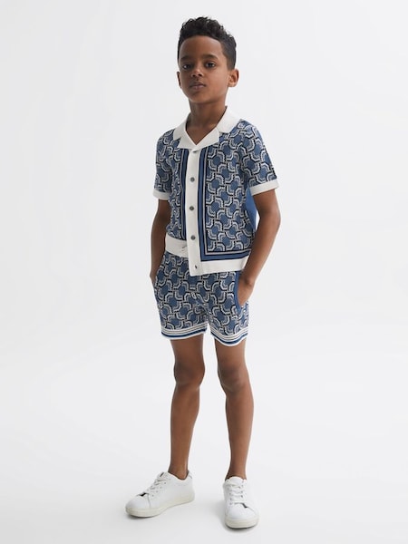 Junior Knitted Patterned Drawstring Shorts in Blue (340719) | $60